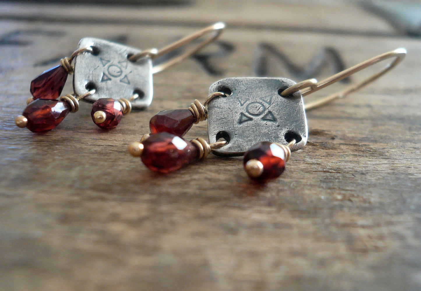 Traveler Earrings - Handmade. Mixed Metal. Garnet. Oxidized Fine Silver &14kt Goldfill dangle earrings. January Birthstone