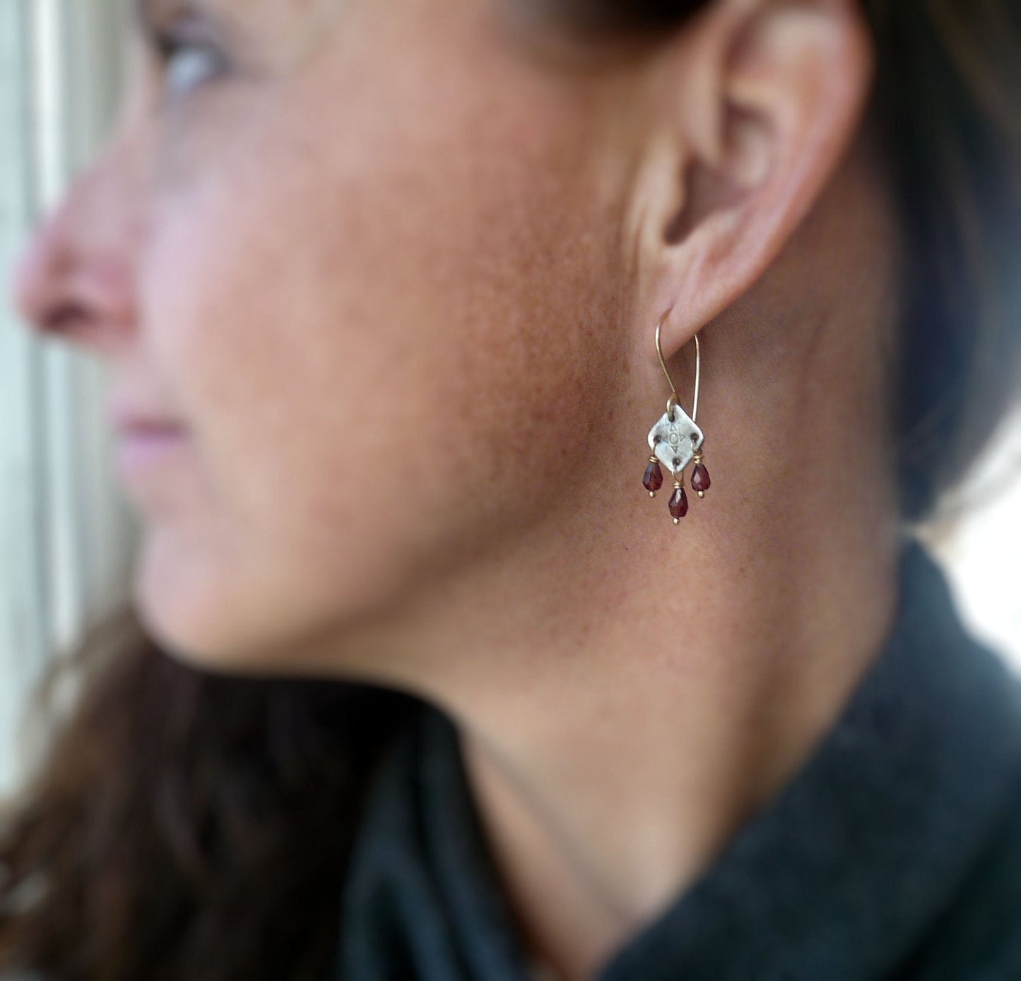 Traveler Earrings - Handmade. Mixed Metal. Garnet. Oxidized Fine Silver &14kt Goldfill dangle earrings. January Birthstone