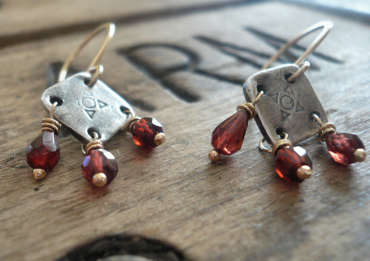 Traveler Earrings - Handmade. Mixed Metal. Garnet. Oxidized Fine Silver &14kt Goldfill dangle earrings. January Birthstone