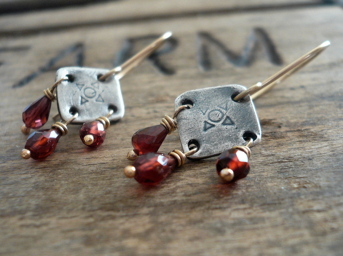 Traveler Earrings - Handmade. Mixed Metal. Garnet. Oxidized Fine Silver &14kt Goldfill dangle earrings. January Birthstone