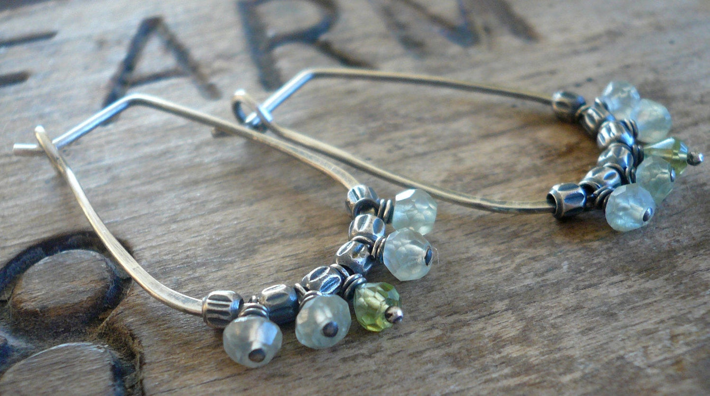 Petiole Earrings - Handmade. Peridot. Prehnite. Oxidized sterling silver Hoops