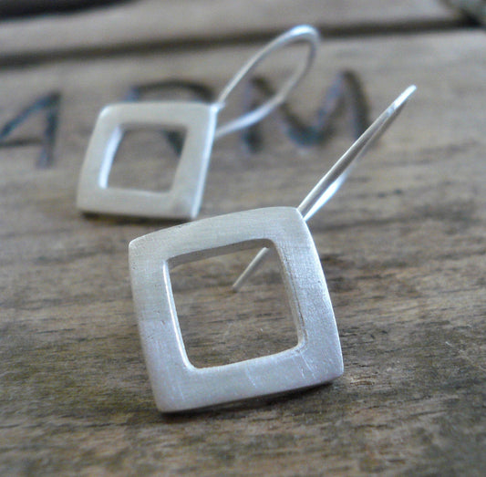 Modesty Earrings. Diamond - Handmade. Brushed fine recycled silver