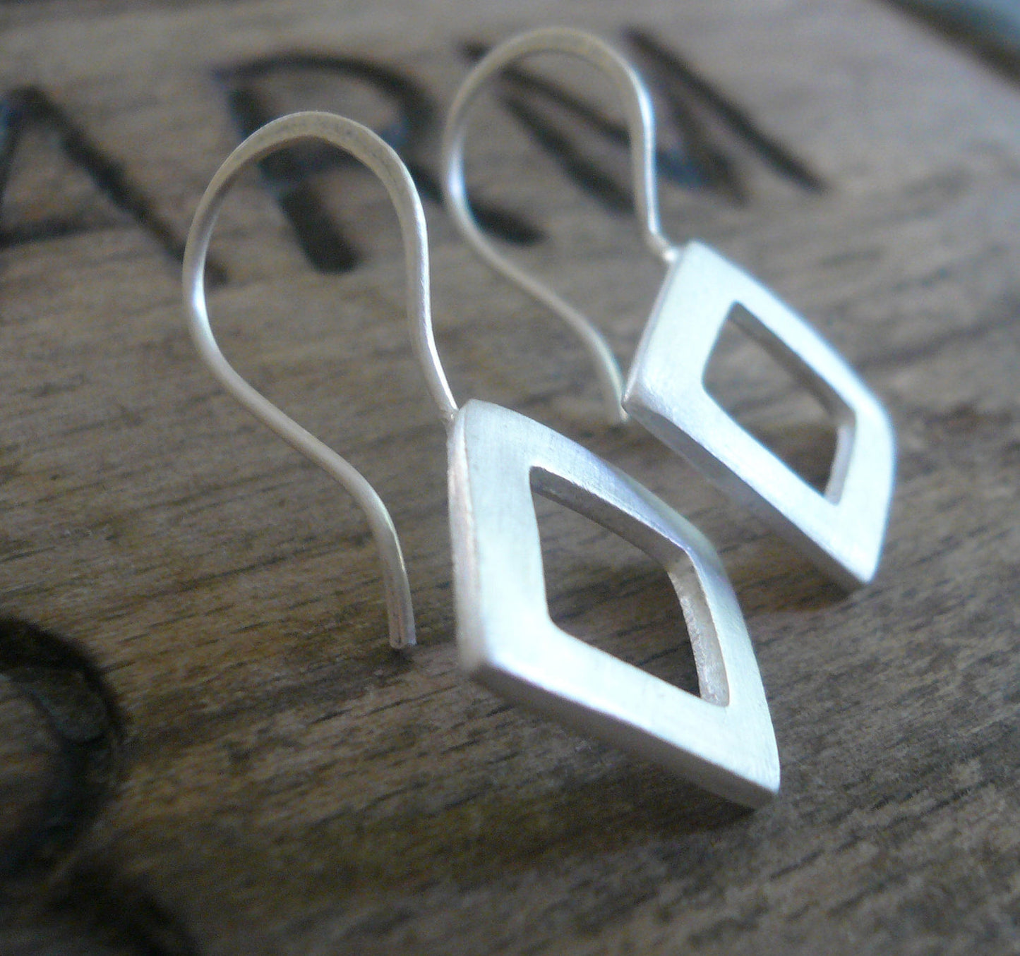 Modesty Earrings. Diamond - Handmade. Brushed fine recycled silver