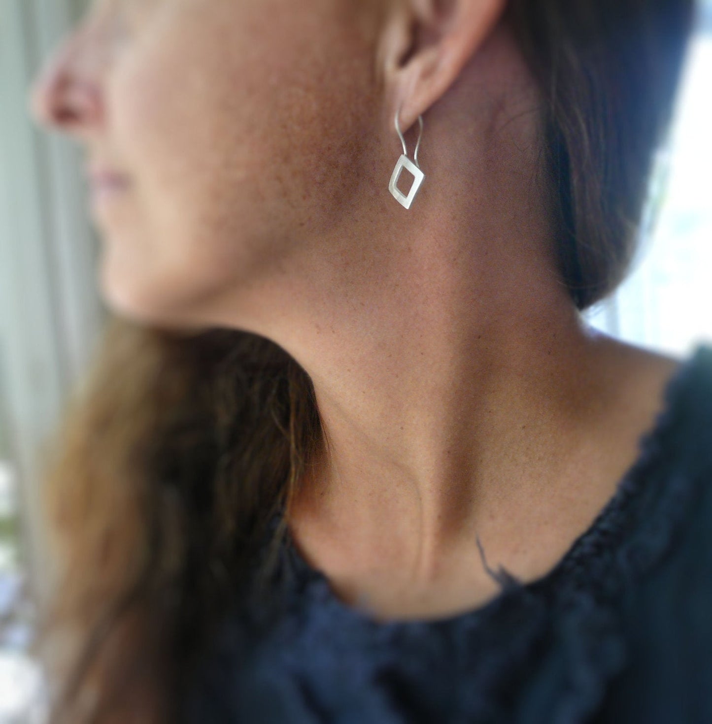 Modesty Earrings. Diamond - Handmade. Brushed fine recycled silver