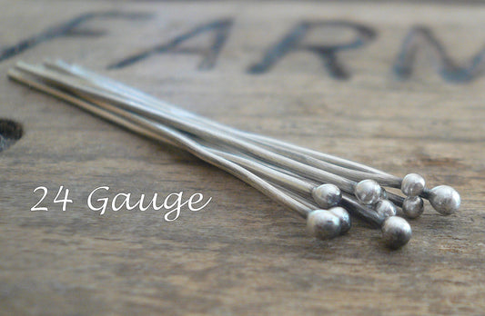 10 3" Fine Silver 24 GAUGE Handmade Ball Headpins - 3 inches. Oxidized and polished