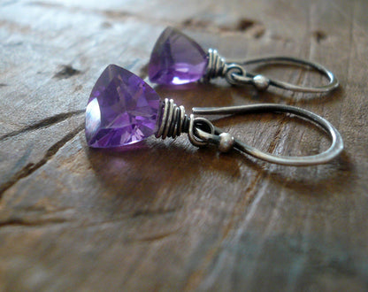 February Earrings - Handmade. Amethyst. Oxidized sterling and Fine silver dangle birthstone Earrings