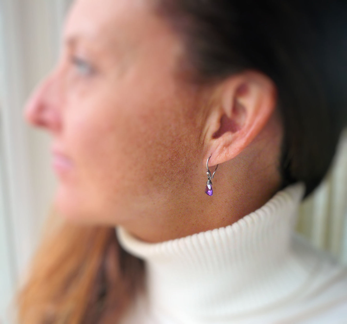 February Earrings - Handmade. Amethyst. Oxidized sterling and Fine silver dangle birthstone Earrings