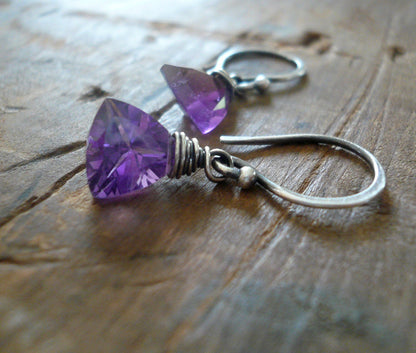 February Earrings - Handmade. Amethyst. Oxidized sterling and Fine silver dangle birthstone Earrings