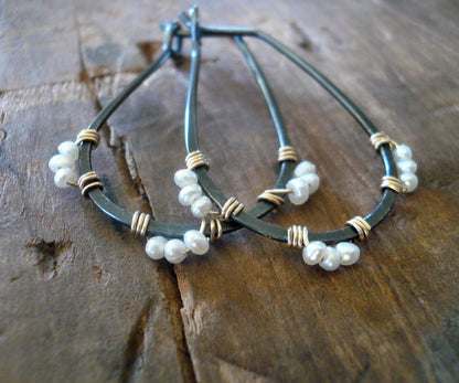Medley Collection Hoops - Handmade. Hand forged. Seed Pearls. 14kt Goldfill. Heavily Oxidized Sterling Silver Earrings