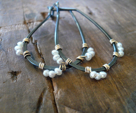Medley Collection Hoops - Handmade. Hand forged. Seed Pearls. 14kt Goldfill. Heavily Oxidized Sterling Silver Earrings