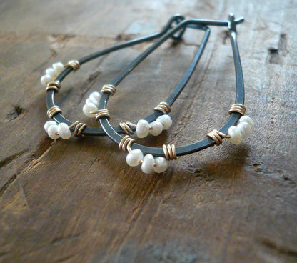 Medley Collection Hoops - Handmade. Hand forged. Seed Pearls. 14kt Goldfill. Heavily Oxidized Sterling Silver Earrings