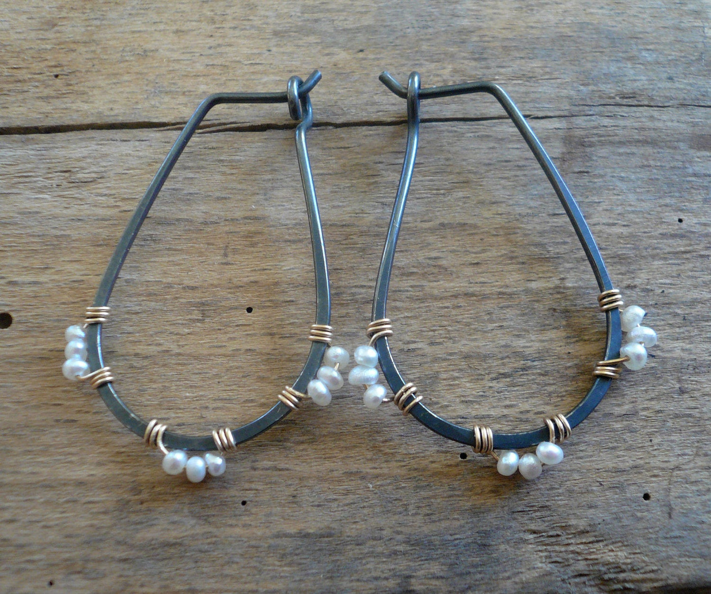 Medley Collection Hoops - Handmade. Hand forged. Seed Pearls. 14kt Goldfill. Heavily Oxidized Sterling Silver Earrings