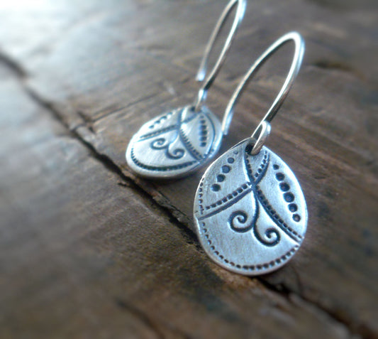 Petal Earrings Flourish Collection - Handmade. Oxidized fine and sterling silver dangle earrings