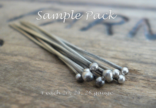 SAMPLE Pack Handmade Ball Headpins - 2 pair each of 24, 26 & 20 gauge, 2 inches. Oxidized and polished