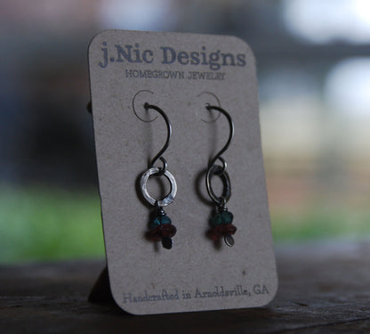 Sashay Earrings - Handmade. Apatite. Garnet. Textured and oxidized Sterling Silver
