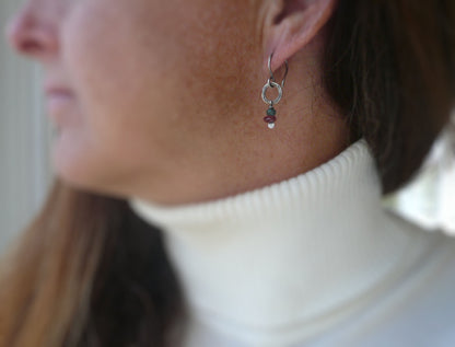 Sashay Earrings - Handmade. Apatite. Garnet. Textured and oxidized Sterling Silver
