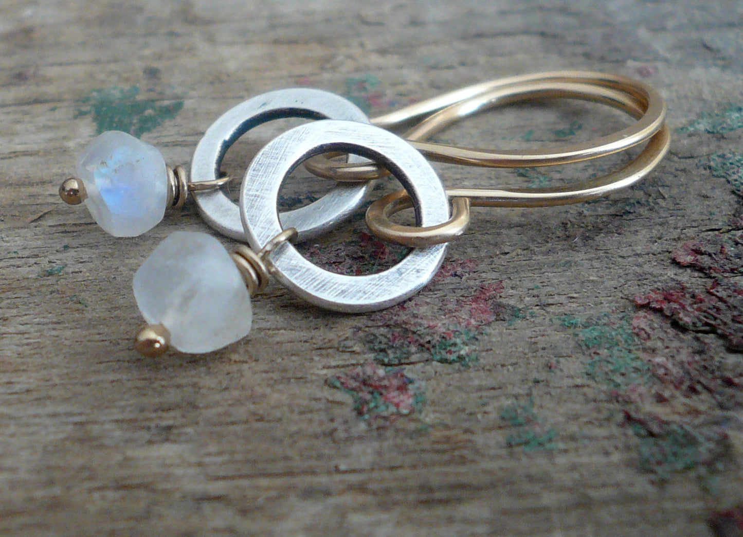 Twinkle Earrings Wonderland Collection - Handmade. Moonstone. 14kt Goldfill. Oxidized Sterling Silver