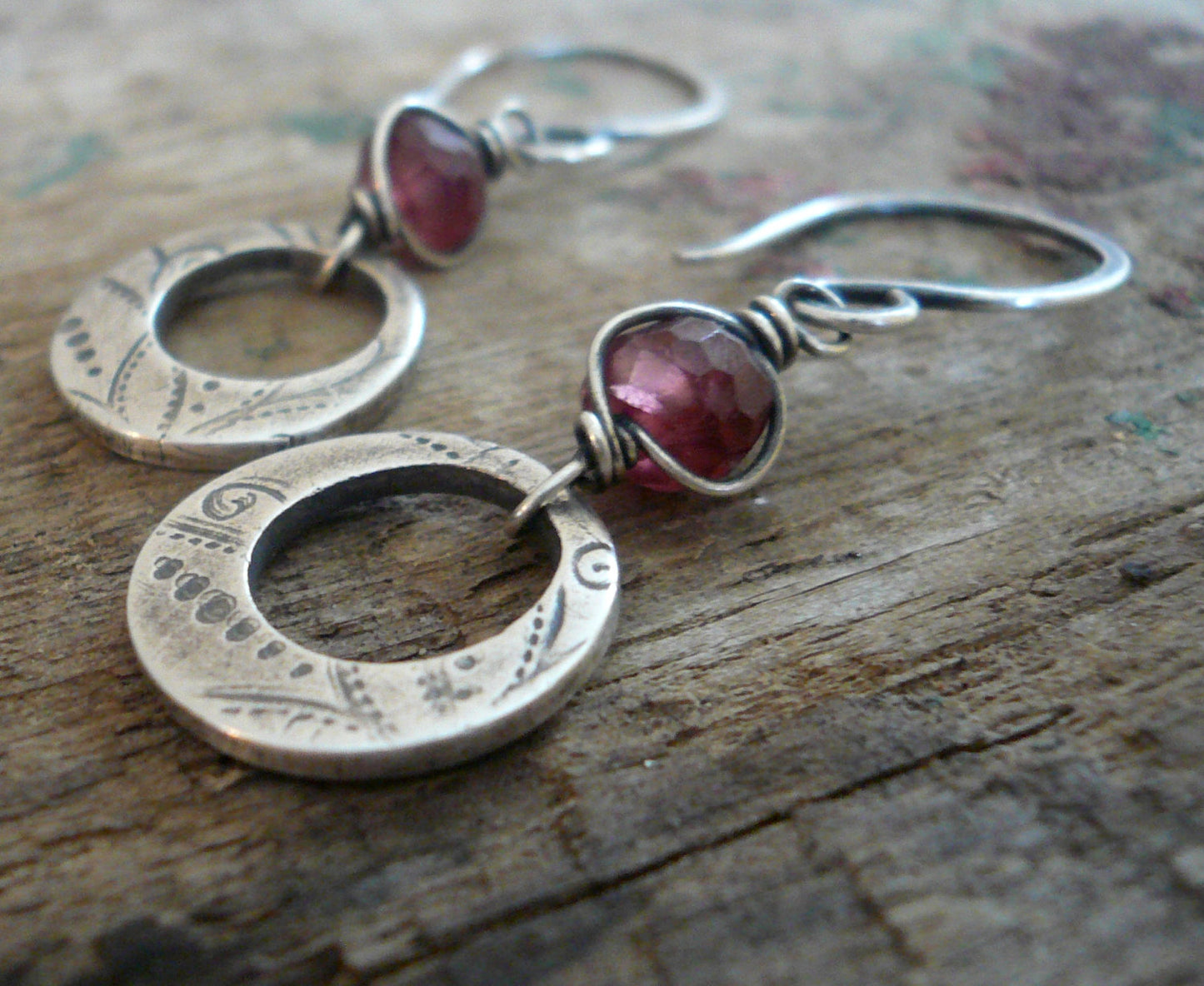 Winterberry Earrings  - Handmade. Wire wrapped Rhodolite Garnet. Oxidized fine silver