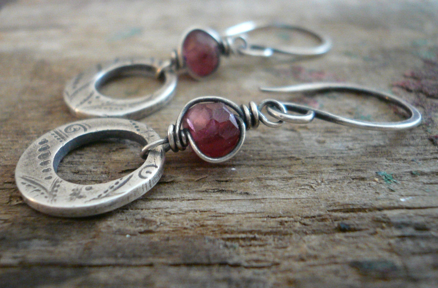 Winterberry Earrings  - Handmade. Wire wrapped Rhodolite Garnet. Oxidized fine silver