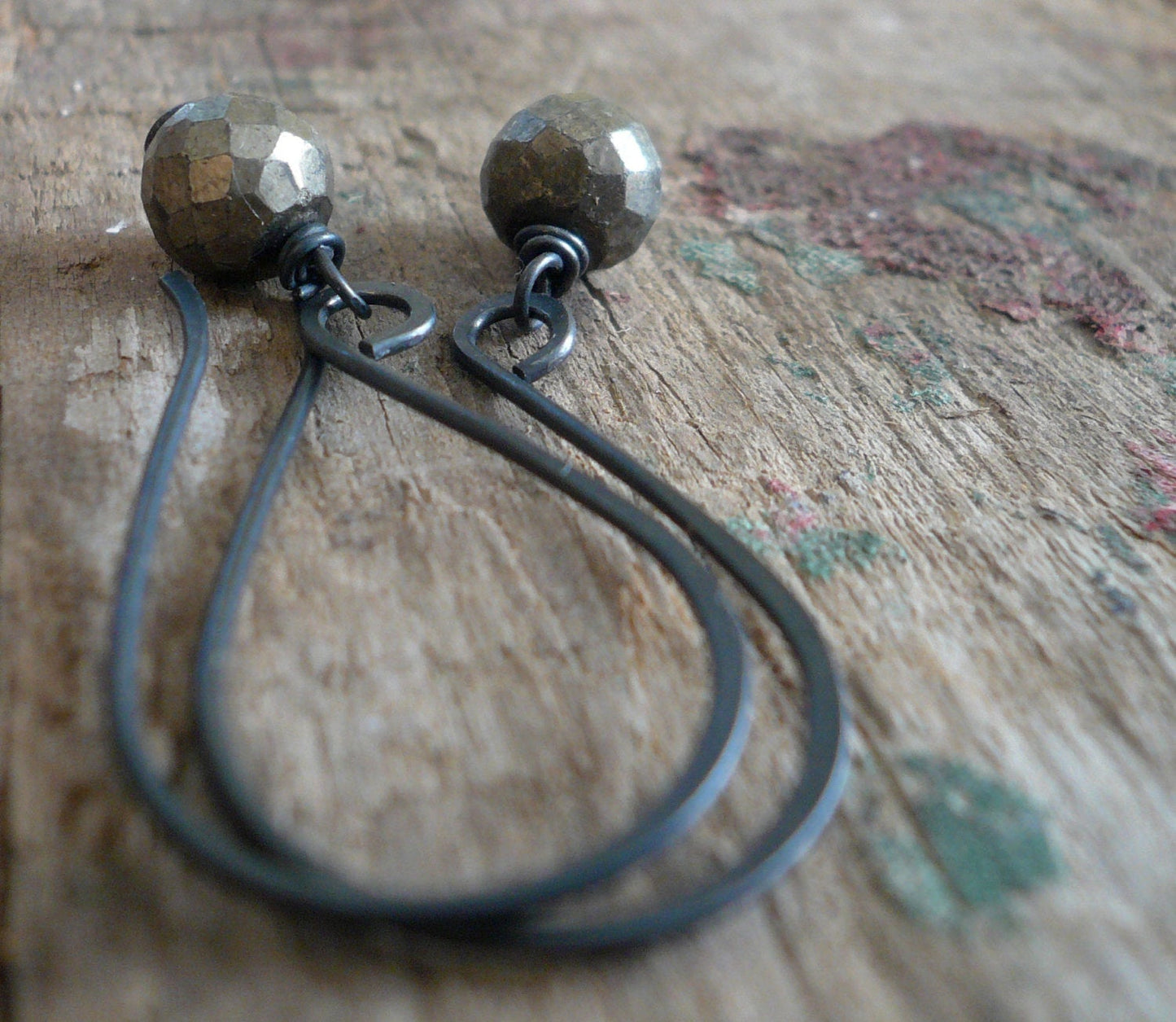 Sway Earrings. Glitter - Handmade. Hand forged. Pyrite. Sterling Silver Oxidized Earrings