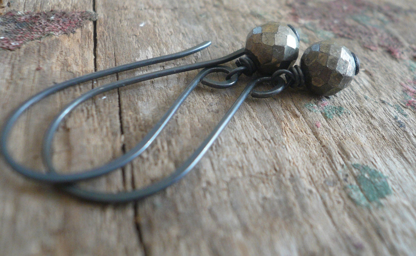 Sway Earrings. Glitter - Handmade. Hand forged. Pyrite. Sterling Silver Oxidized Earrings