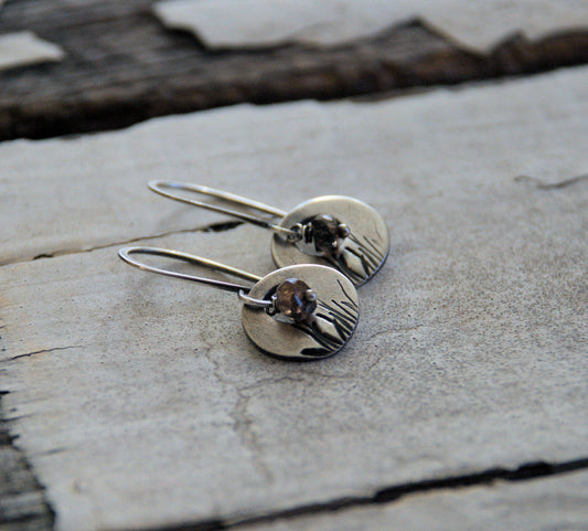Sawgrass Earrings- Oxidized fine silver. Andalusite. Dangle earrings.Handmade