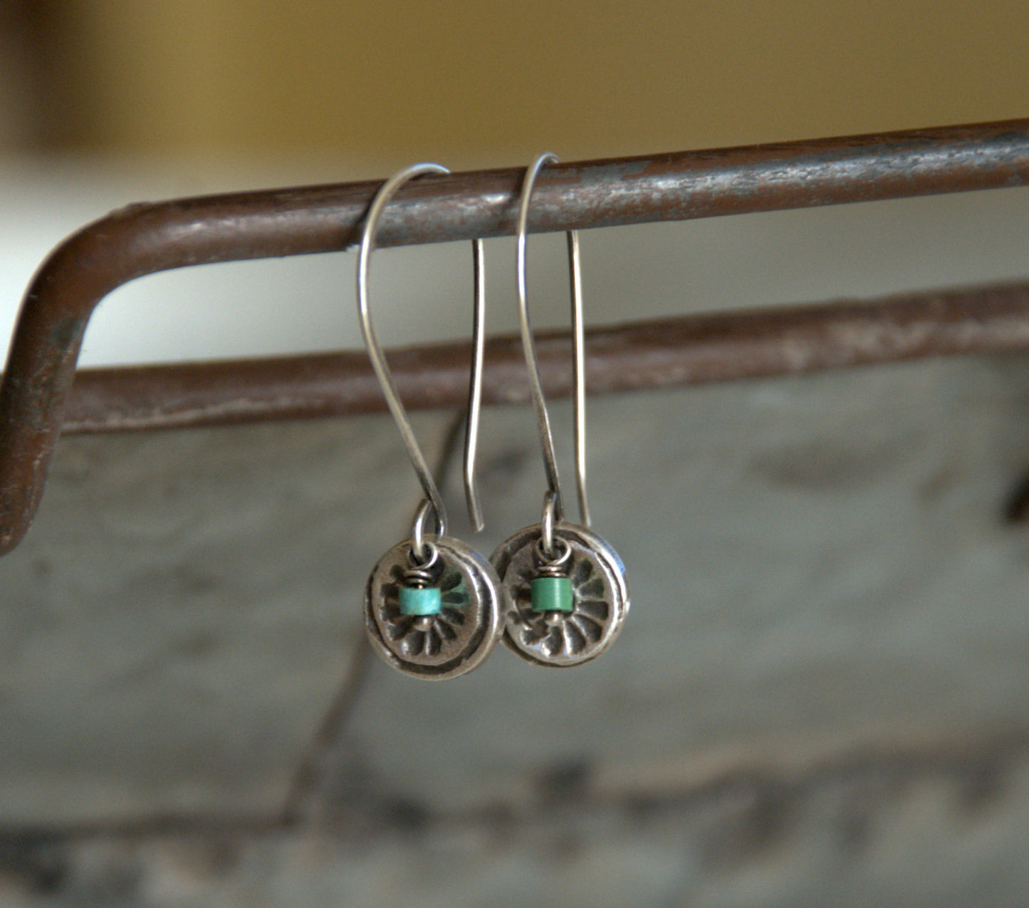 Desert Bloom Earrings- Oxidized fine silver. Turquoise. Dangle earrings.Handmade