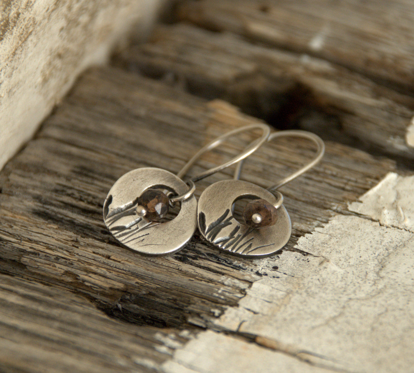 Sawgrass Earrings- Oxidized fine silver. Andalusite. Dangle earrings.Handmade