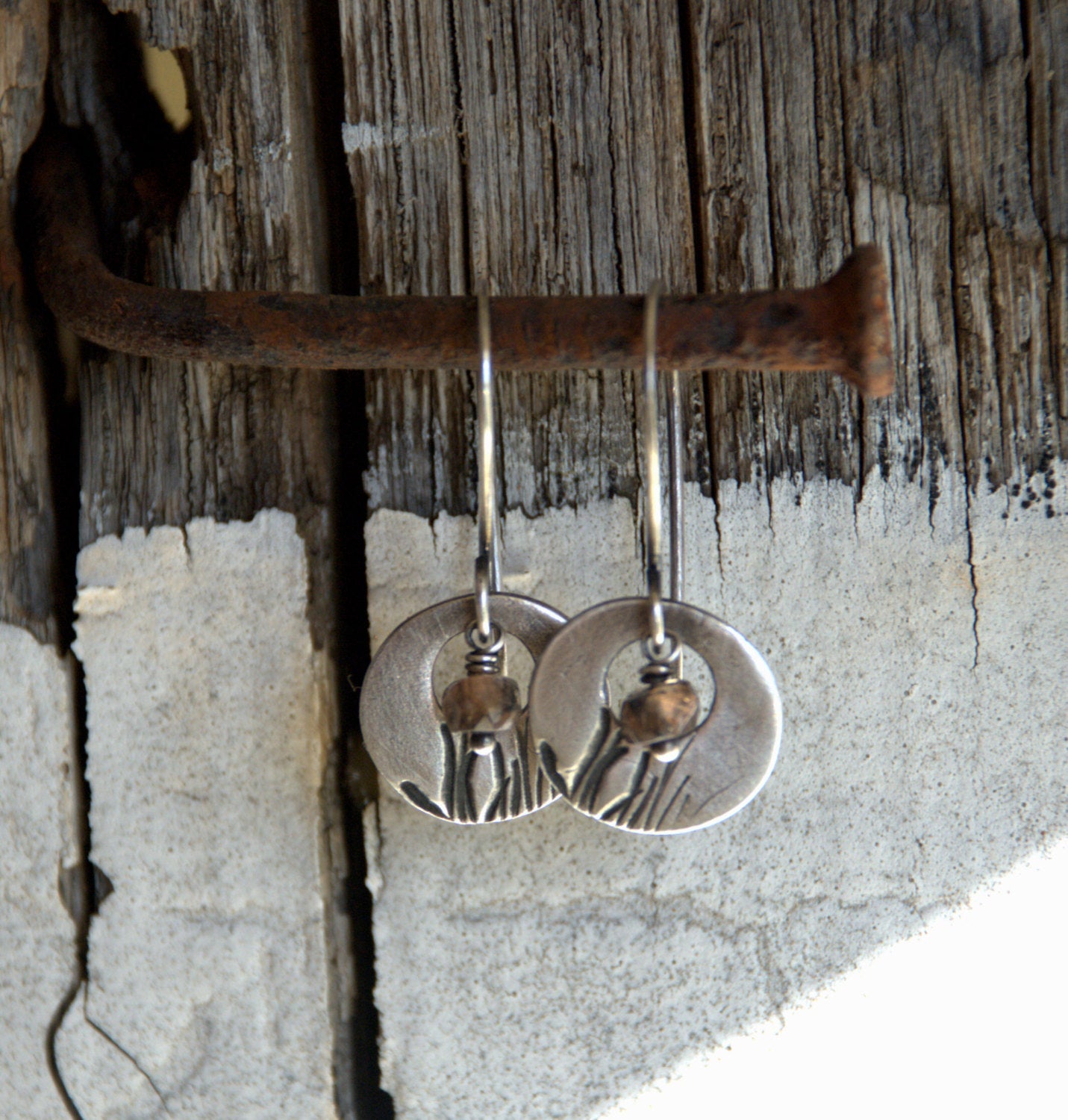 Sawgrass Earrings- Oxidized fine silver. Andalusite. Dangle earrings.Handmade