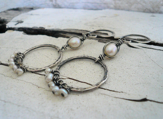 Mississippi Earrings - Freshwater pearls. Oxidized, hammered sterling silver. Handmade