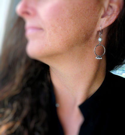 Mississippi Earrings - Freshwater pearls. Oxidized, hammered sterling silver. Handmade