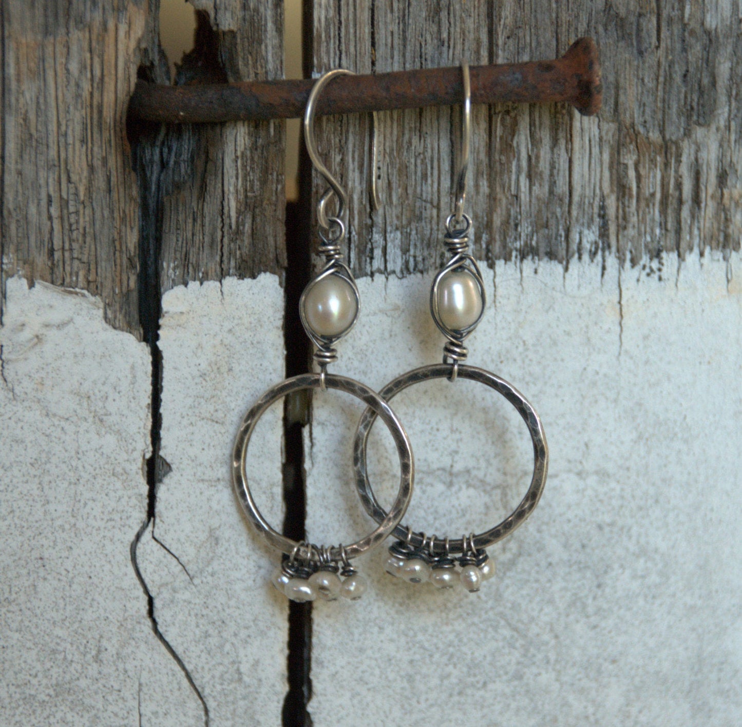 Mississippi Earrings - Freshwater pearls. Oxidized, hammered sterling silver. Handmade