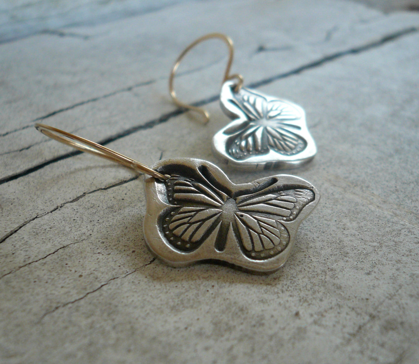 Flutter Earrings - Oxidized fine silver. 14kt Goldfill. Mixed Metal. Handmade