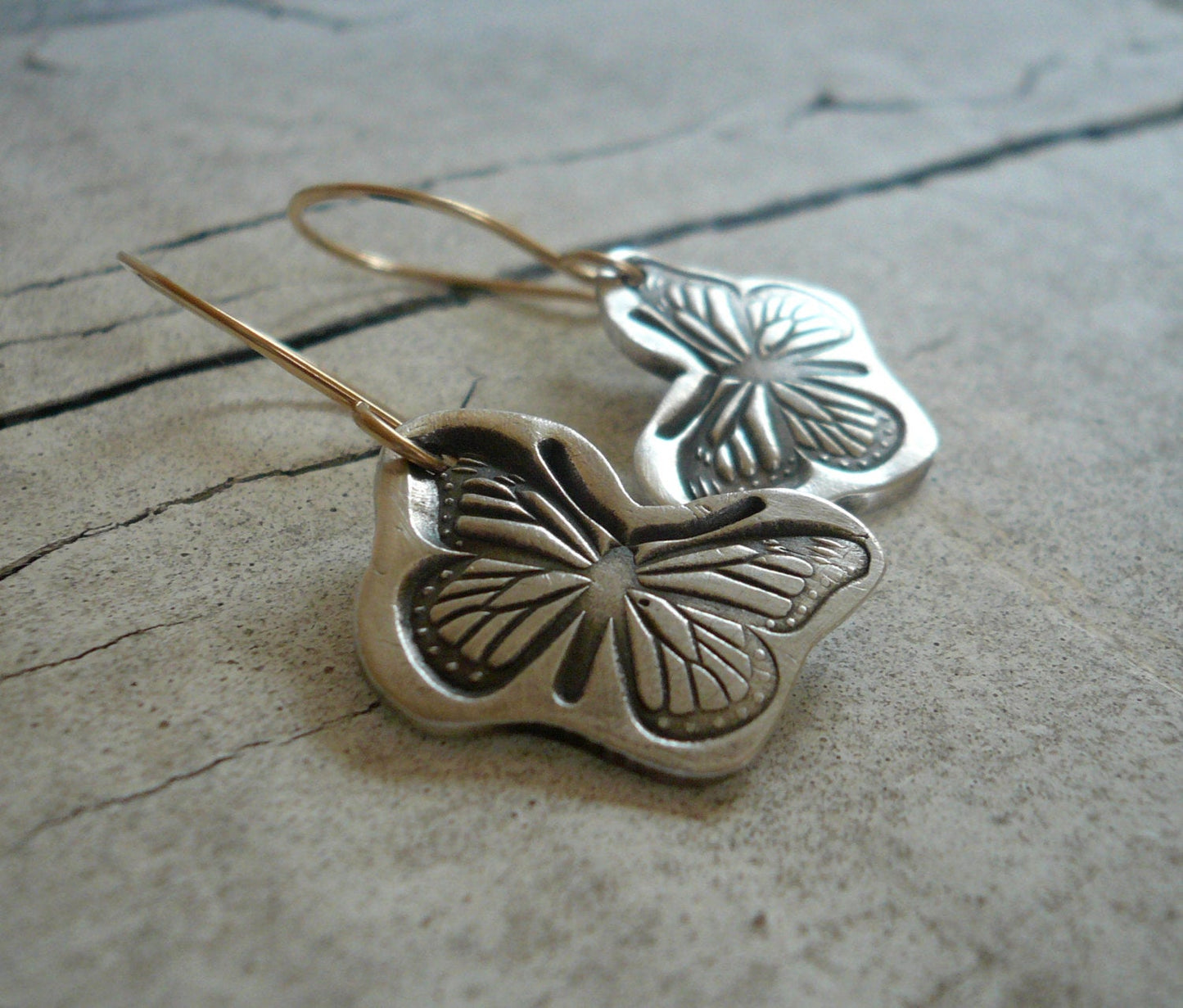 Flutter Earrings - Oxidized fine silver. 14kt Goldfill. Mixed Metal. Handmade