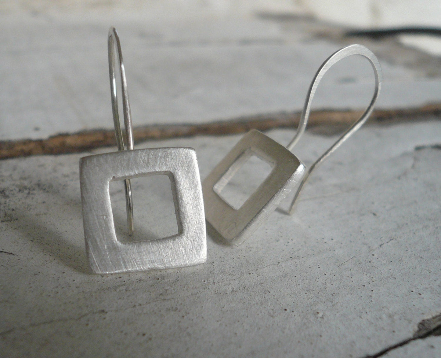 Modesty Earrings. Diamond - Handmade. Brushed fine recycled silver