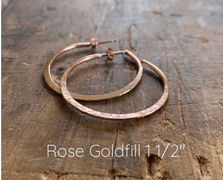 Thick Gauge Post Mangly Hoops in 14kt Yellow or Rose Goldfill- Choice of 7 sizes. Handmade. Hammered.