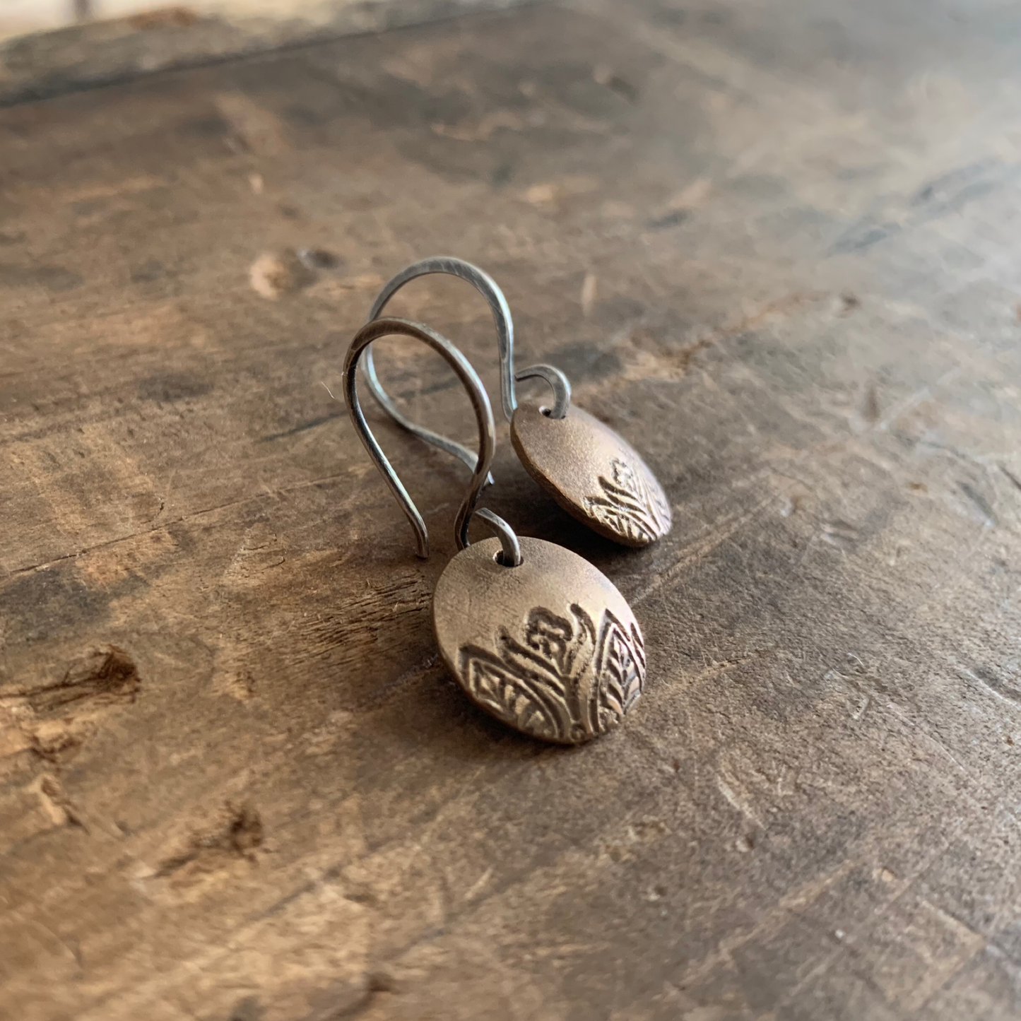 Florin Earrings - Handmade. Bronze and Oxidized sterling silver dangle earrings. Mixed Metal