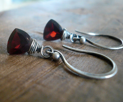 January Earrings - Handmade. Garnet. Mixed Metals. Oxidized Fine silver & 14 kt Goldfill dangle Earrings. One Pair.