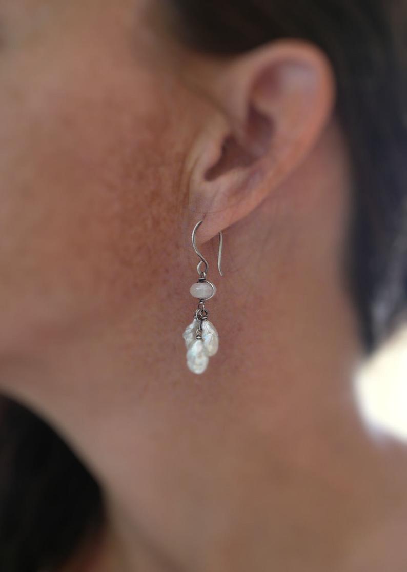 Linger Earrings - Handmade. Moonstone. Keishi Pearls. Oxidized Sterling Silver