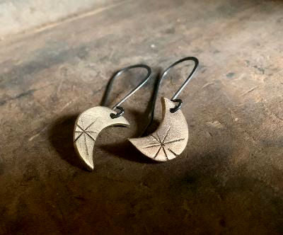 Bronze Luna Earrings - Handmade. Bronze and Oxidized sterling silver dangle earrings. Mixed Metal