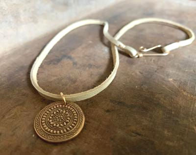 Mandala Necklace - Bronze & 14kt Goldfill. Leather. Handmade.