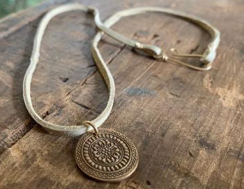 Mandala Necklace - Bronze & 14kt Goldfill. Leather. Handmade.