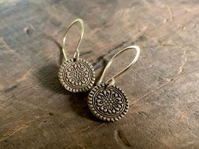 Bronze Mandala Earrings - Handmade. Bronze and 14kt Goldfill dangle earrings.