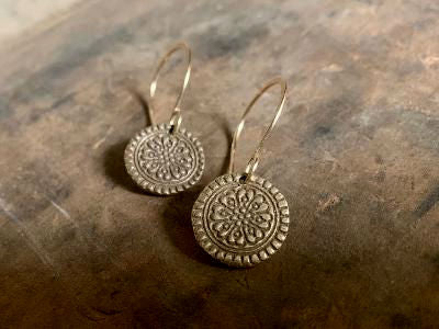 Bronze Mandala Earrings - Handmade. Bronze and 14kt Goldfill dangle earrings.