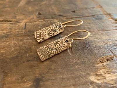 Mandala Tab Earrings - Handmade. Bronze and 14kt Goldfill dangle earrings.