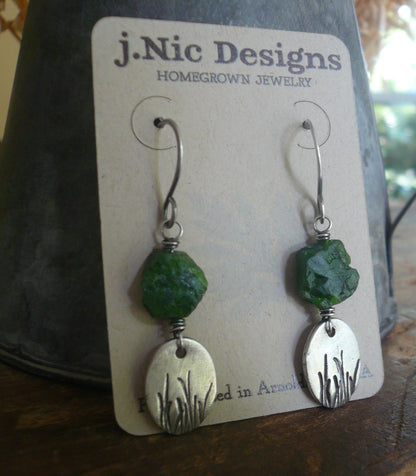 Meadow Earrings- Oxidized fine silver. Raw Chrome Diopside. Dangle earrings.Handmade