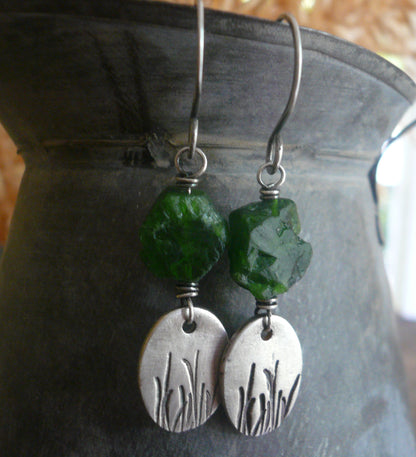 Meadow Earrings- Oxidized fine silver. Raw Chrome Diopside. Dangle earrings.Handmade