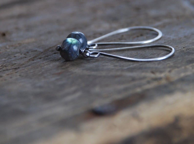 Minimalist - Handmade. hand forged. Labradorite, Oxidized Sterling Silver Dangle Earrings