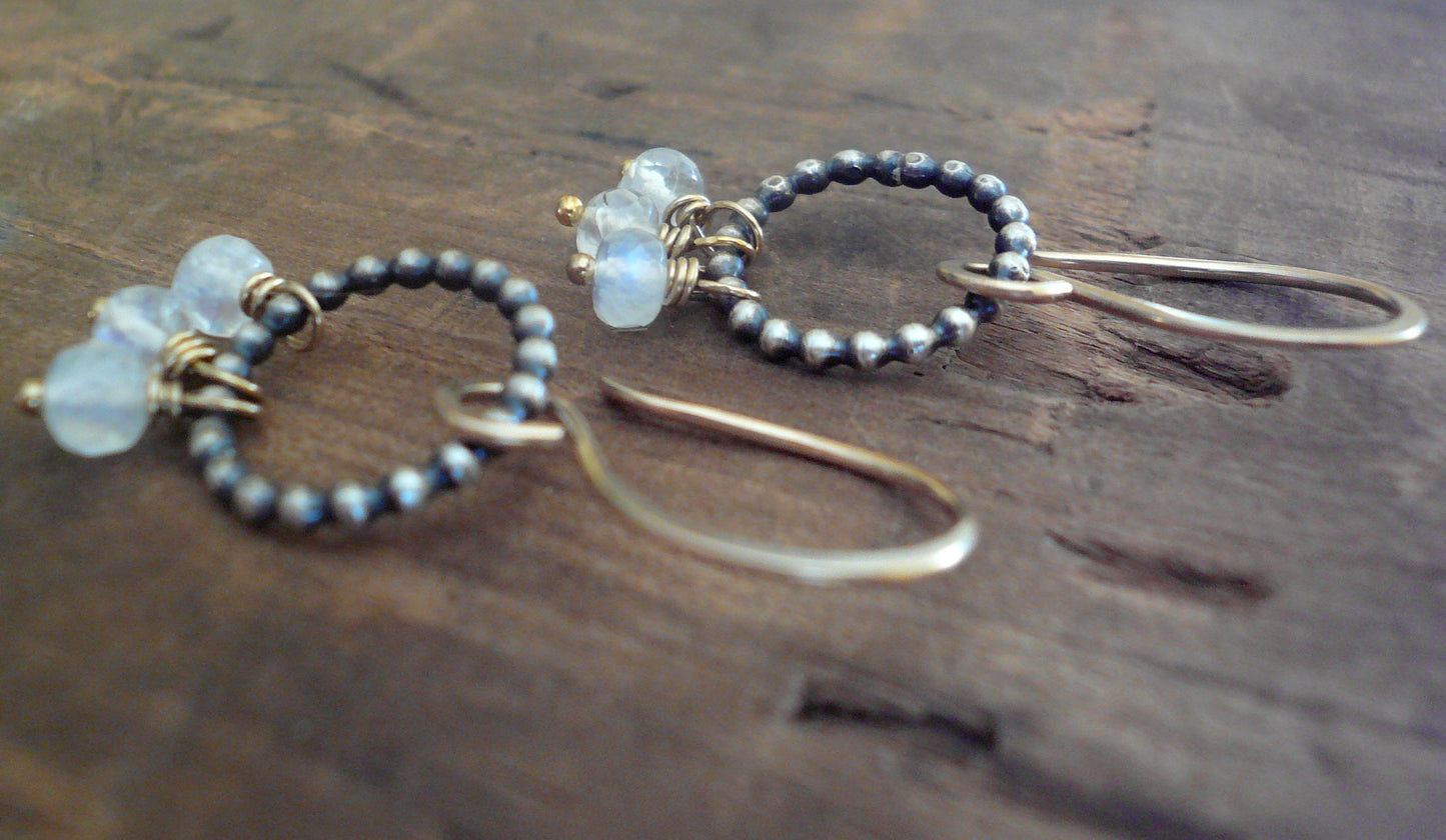Miscible Trio Collection Earrings - Handmade. Moonstone. Oxidized Sterling silver. 14kt Goldfill. Mixed Metal Earrings