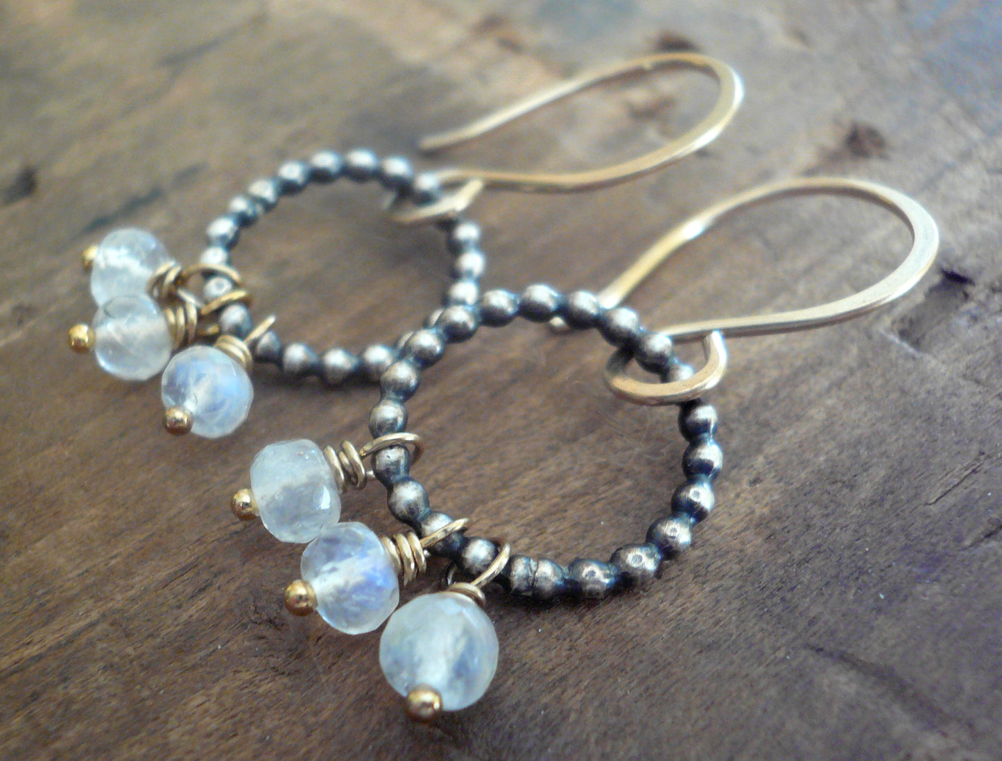 Miscible Trio Collection Earrings - Handmade. Moonstone. Oxidized Sterling silver. 14kt Goldfill. Mixed Metal Earrings